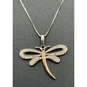 18" New Condition Sterling Silver Rose Accent 1/10th Diamond Dragonfly Necklace